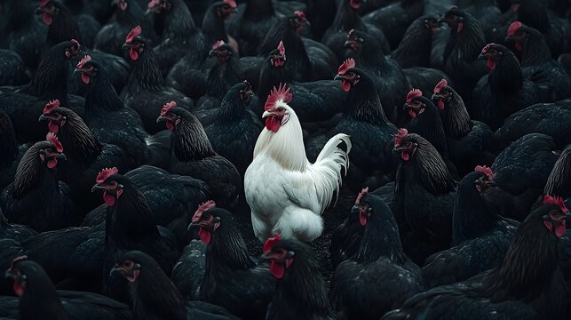 Photograph of a solitary white rooster stands out amidst a dense mass of black chickens.