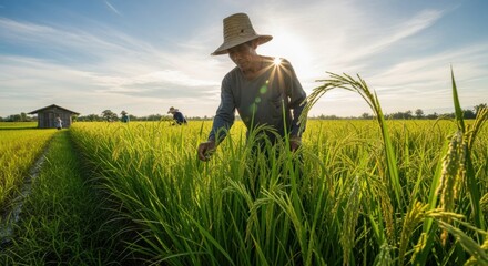 Medium shot of a farmer inspecting vibrant hybrid rice plants swaying under the sun showcasing droughtresistant and highyield traits in a lush green paddy field.