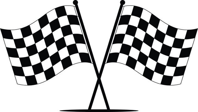 Dynamic high-contrast black and white vector graphic depicting two crossed checkered flags, emblematic of racing, victory, finish lines, and competitive success in sporting events