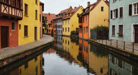 Fototapeta premium Colorful buildings line a canal, reflecting in the water, creating a picturesque scene.
