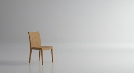 A simple wooden chair stands alone in a bright, minimalist setting.