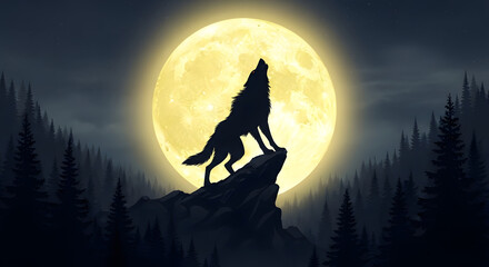 Fototapeta premium Majestic wolf howls at a luminous full moon from a rocky outcrop under a starry night sky.