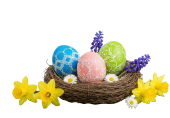 Intricate blue, pink, green Easter eggs in rustic nest on dewy green grass with spring flowers, soft white bokeh background, macro photography, joyful Easter celebration