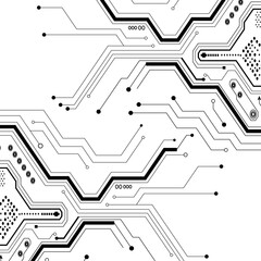 Abstract black and white vector illustration of a futuristic electronic circuit board on a white background.