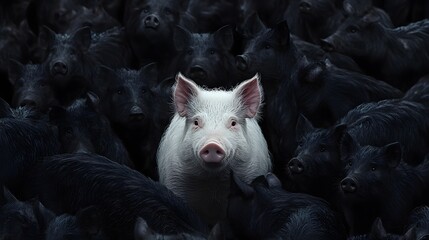 Digital illustration of a single white pig prominently displayed amidst a dense field of black pigs.
