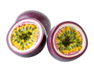 Two passion fruit halves, vibrant purple-red skin, revealing a bright yellow interior dotted with small, dark green seeds