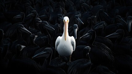 Fototapeta premium Photograph of a solitary white pelican stands out against a dark backdrop of numerous black birds.
