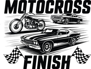 Motocross and Car Racing Vector Illustration of Speed, Finish Line, and Checkered Flags