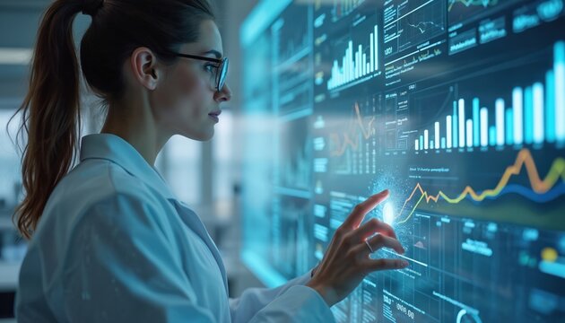 Scientist in lab coat interacts with digital interface displaying medical research data, graphs, charts. Futuristic healthcare technology visualizes patient monitoring, diagnostics, AI-driven