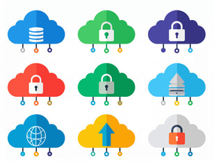 Modern flat vector cloud technology icons in a tidy 3x3 grid, with bright colors, bold lines, and simple shapes, perfect for IT, software, and web projects