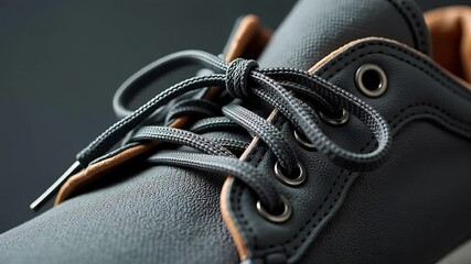Stylish gray leather shoe detail with textured laces being tied in motion, perfect for fashion blogging or commercial sportswear campaigns