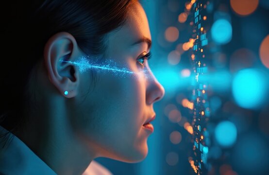 Futuristic image shows young woman ear receiving digital sound wave simulation. Represents hearing health technology, audio testing, and future medical diagnosis for hearing loss.