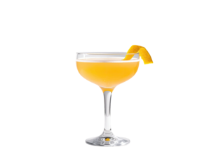 Alcoholic cocktail in a coupe glass, topped with a citrus twist