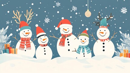 Fototapeta premium Happy Snowman Family Christmas Scene