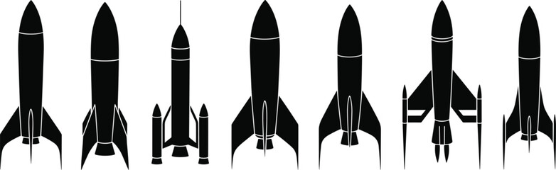 Rocket silhouette set, black spacecraft icons, space launch design, isolated white background, vector illustration, futuristic shapes, aerospace concept