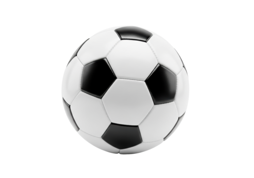 Pristine classic black and white soccer ball, hexagonal and pentagonal panels, new and inflated, centered on a seamless bright white studio background, soft lighting, concept of timeless sport
