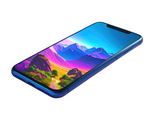 Smartphone displays vibrant landscape, angled view