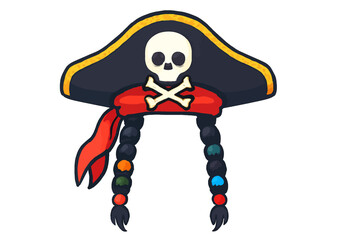 Pirate hat with skull and crossbones red bandana and braided hair with colorful beads in flat vector style illustration isolated on white background