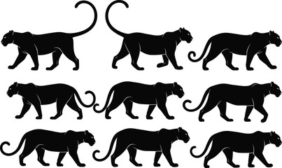 Sleek Black Silhouette Panther Walk Sequence, Wild Cat Motion Art, Perfect for Wildlife Design, 20 Dynamic Poses