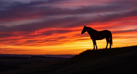 Silhouette of a horse standing on a hill against a vibrant sunset sky with orange and red hues.