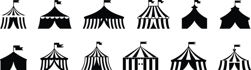 Black and white circus tent silhouettes, vintage carnival vector, striped designs, scalloped edges, pointed tops, flags, graphic illustration, icon set
