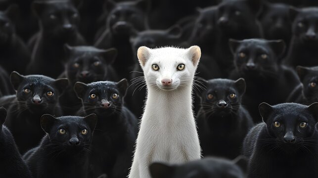 Photograph of a white-tailed ptarmigan standing amidst a multitude of black cats.