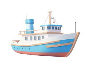 Cartoonish light-blue and beige ferry, side view