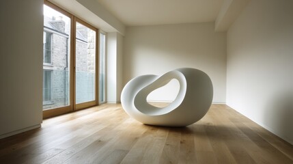 Modern minimalist sculpture in bright minimalist interior with wooden flooring