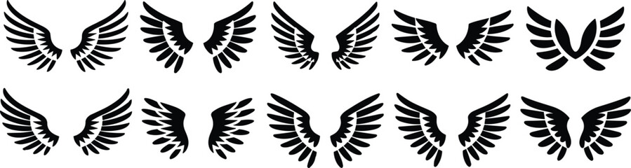 Black vector wing designs collection, symmetrical feather illustrations, tattoo style, graphic art, fantasy wings, logo elements, silhouette set