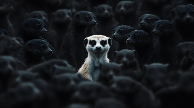 Digital illustration of a solitary meerkat amidst a dense group of dark, similar meerkat faces.