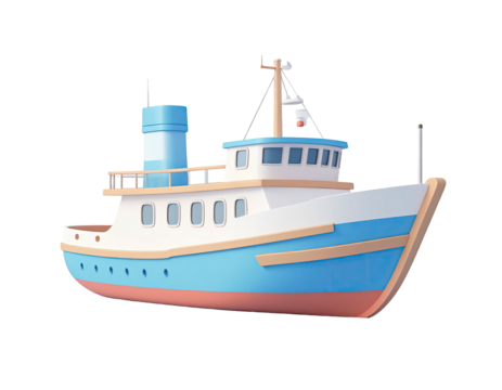 Cartoonish light-blue and beige ferry, side view