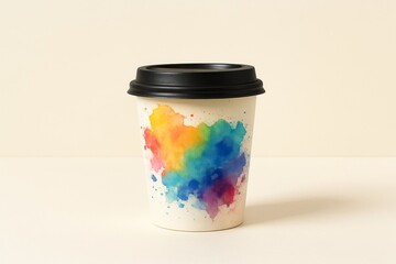 Takeaway coffee cup with black lid and rainbow watercolor splash print on neutral background.