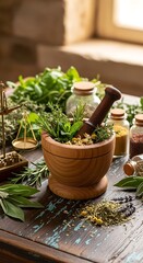 A wooden mortar and pestle filled with fresh herbs and dried flowers sits amongst various jars of spices on a rustic wooden surface.