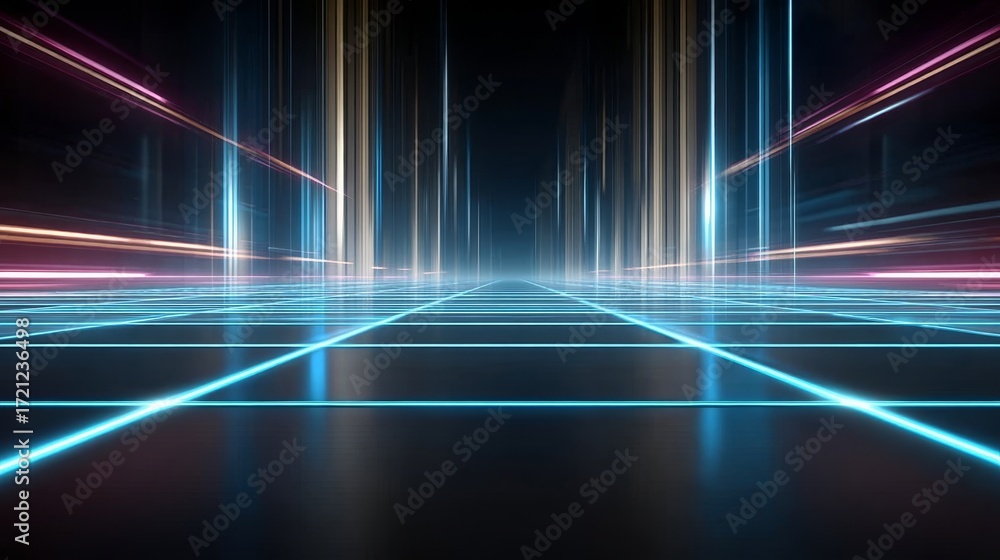 Poster Futuristic Cyberpunk Cityscape with Neon Blue Lights and Dynamic Data Stream Visualization Design