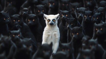 Obraz premium Digital illustration features a single white lemur amidst a dense array of black, eye-like faces.
