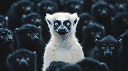 Obraz premium Digital illustration of a single lemur stands apart from a dense crowd of similar, dark lemurs.