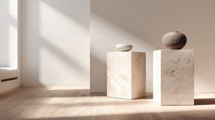 Minimalist interior design with ceramic vases on marble pedestals