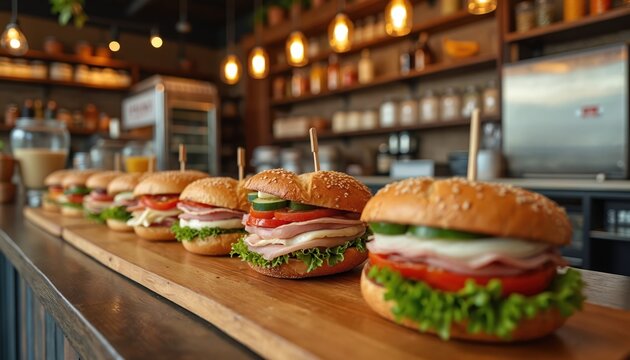 Freshly made sandwiches arranged on a wooden counter display. Variety of fillings including ham, cheese, lettuce, tomato, and cucumber on sesame seed buns. Lunchtime selection at a deli or cafe.