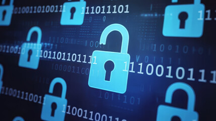 Open padlock with binary code, security concept, data protection, cybersecurity, and privacy