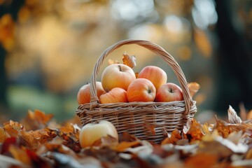 Autumn harvest basket filled with fresh apples in a colorful leafy setting