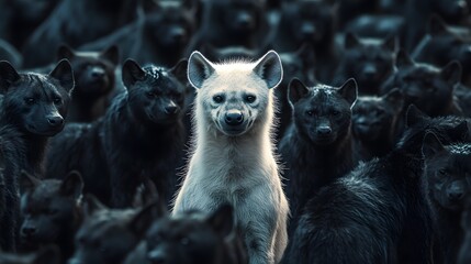 Naklejka premium Photograph of a single hyena amidst a dark, dense crowd of similar hyenas.
