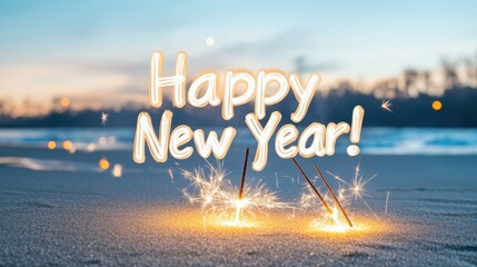 Happy new year celebration with sparklers on the beach at sunset
