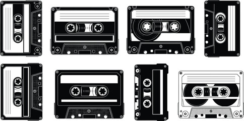 Retro vintage audio cassette tape collection, black and white music recording device, nostalgic sound storage, old analog tape recorder, classic
