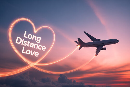 Airplane flying heart shape Long Distance Love concept Romantic travel illustration Dramatic sunset background - Powered by Adobe