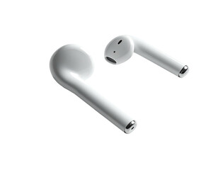 Pair of white wireless earbuds, angled outward, showing rounded earpieces and connecting stems (1)
