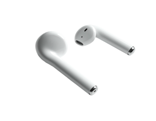 Pair of white wireless earbuds, angled outward, showing rounded earpieces and connecting stems (1)