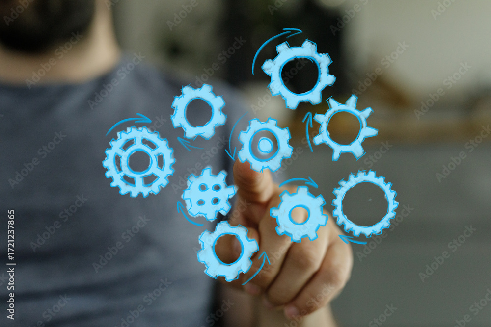 Poster abstract image of a person interacting with digital gears, symbolizing teamwork, collaboration, and 