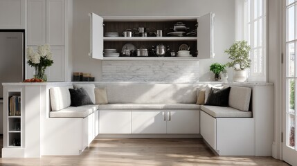 Modern kitchen interior with open cabinet and cozy seating area