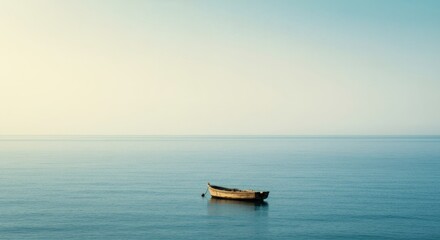 A small boat floats serenely on a calm, expansive ocean under a clear sky.