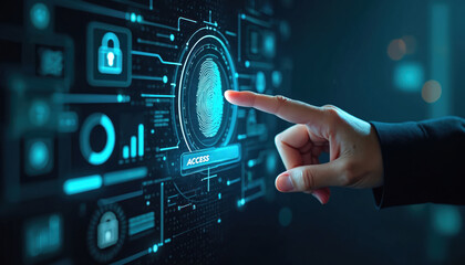 Fingerprint authentication with holographic display, data visualization. Touch screen access granted approval. Biometric ID scanning system. Network security protection. Firewall, padlock, charts on